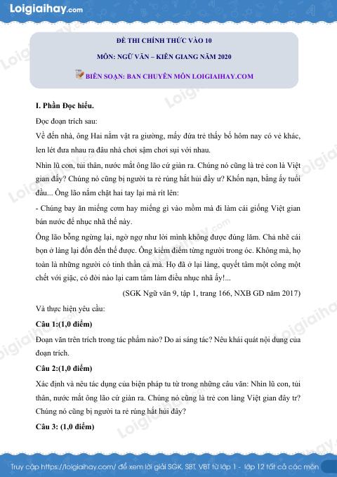 Đề thi vào 10 môn Văn Kiên Giang 2020 có đáp án và lời giải chi tiết
